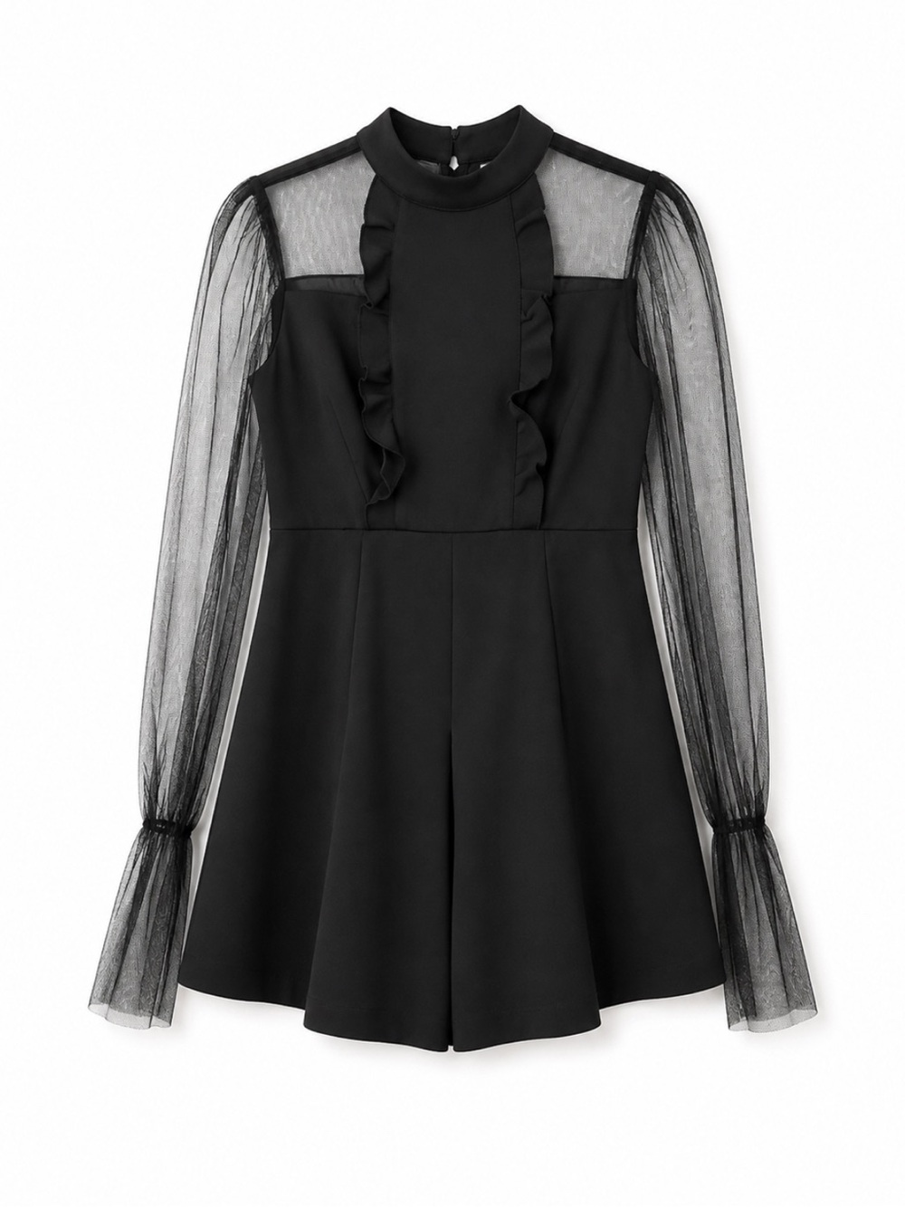 Black Sheer Mesh Ruffle Mini Dress | Size M | Long Sleeve
